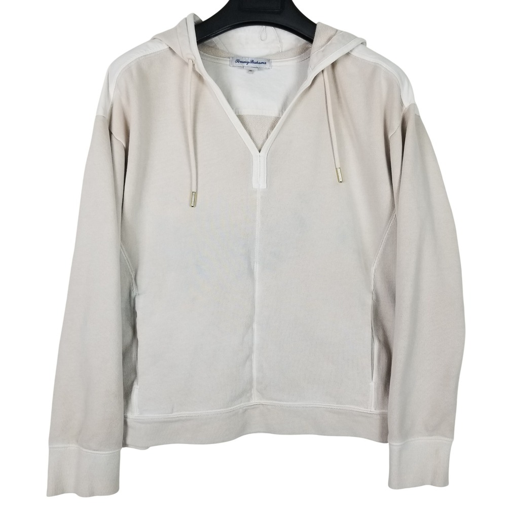 Tommy Bahama Hoodie Women Large Oatmeal Cream Mixed Media Cotton V-Neck Pullover